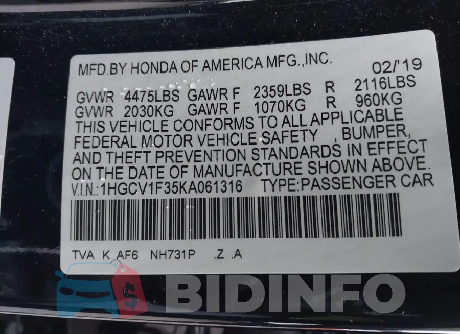1HGCV1F35KA061316 Photo# 9