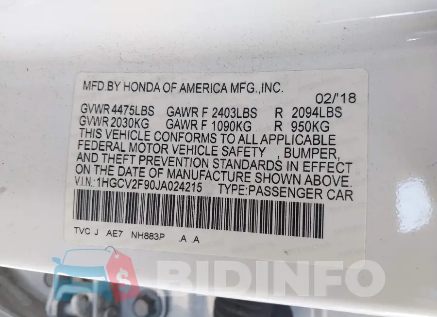 1HGCV2F90JA024215 Photo# 9