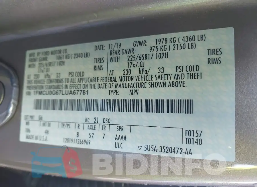1FMCU0G67LUA67781 Photo# 9