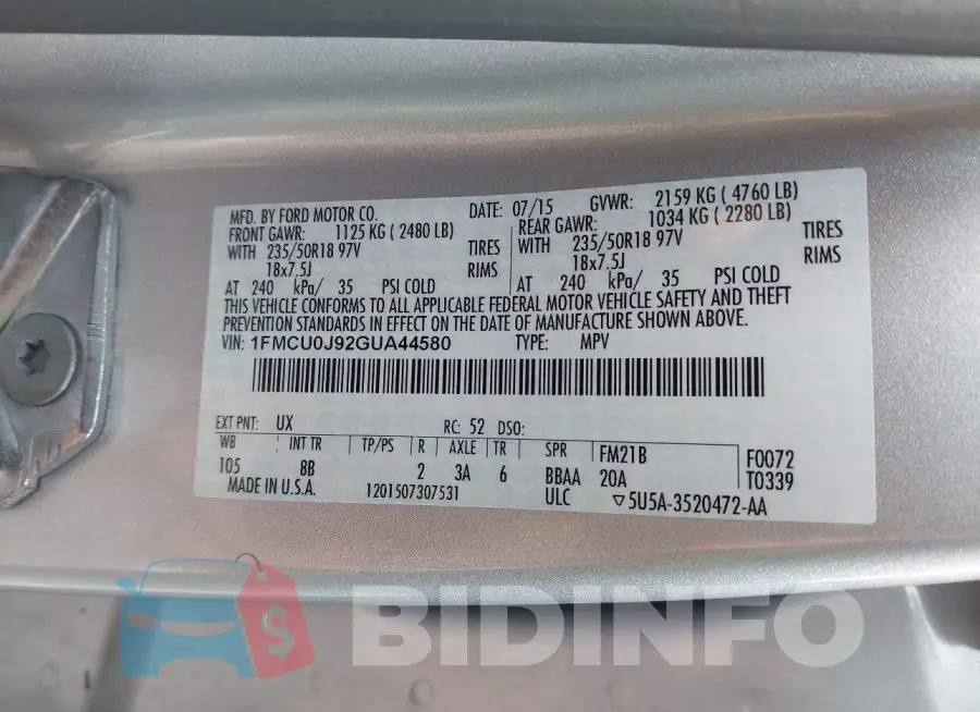 1FMCU0J92GUA44580 Photo# 9