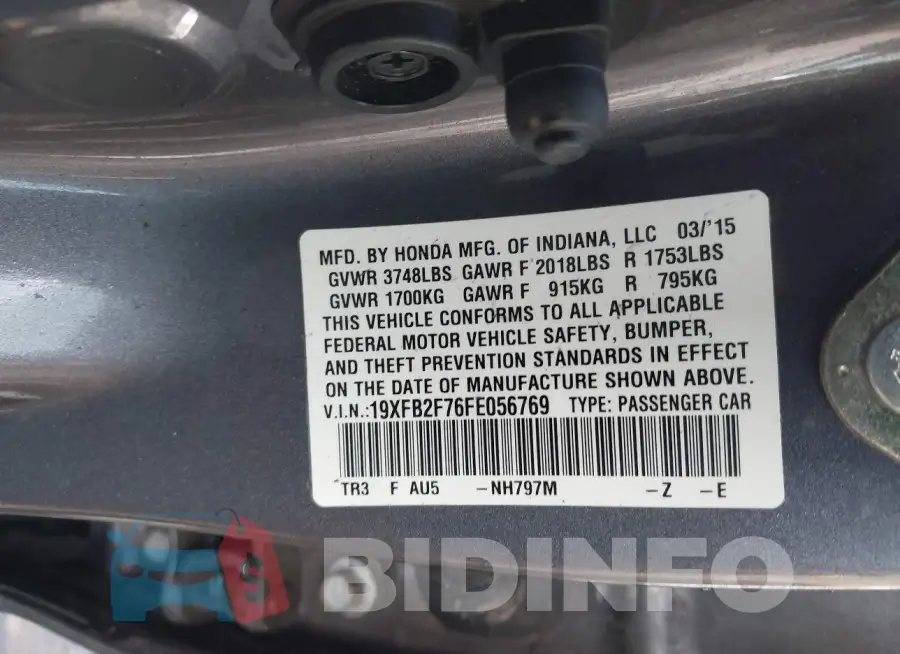 19XFB2F76FE056769 Photo# 9