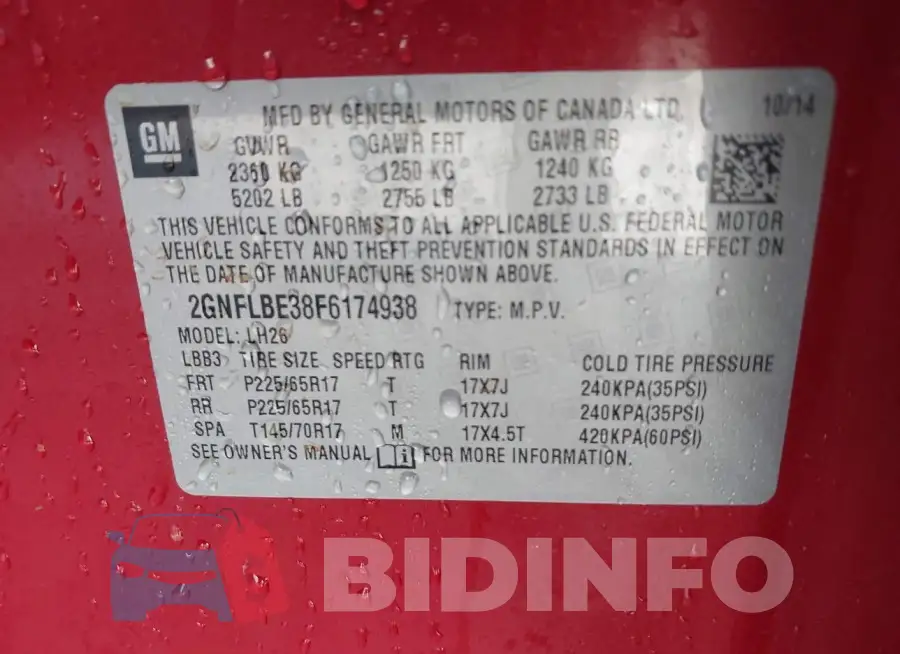 2GNFLBE38F6174938 Photo# 9