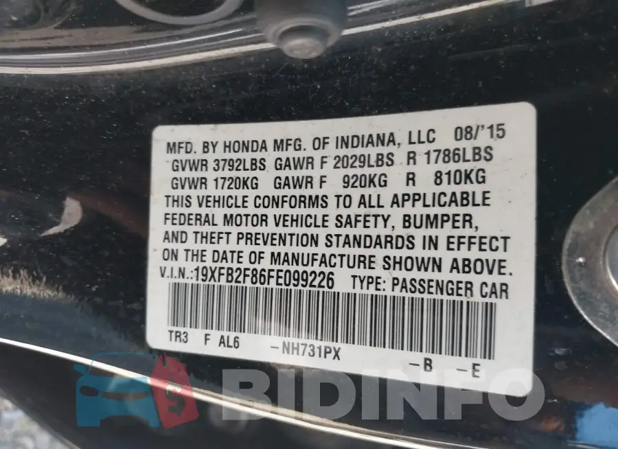 19XFB2F86FE099226 Photo# 9