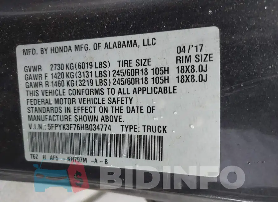 5FPYK3F76HB034774 Photo# 9