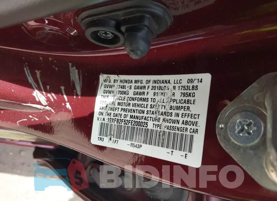 19XFB2F52FE200025 Photo# 9