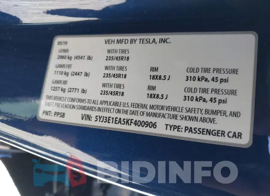 5YJ3E1EA5KF400906 Photo# 9