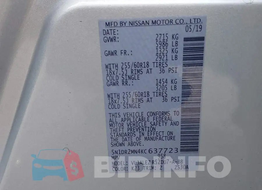 5N1DR2MN4KC637723 Photo# 9