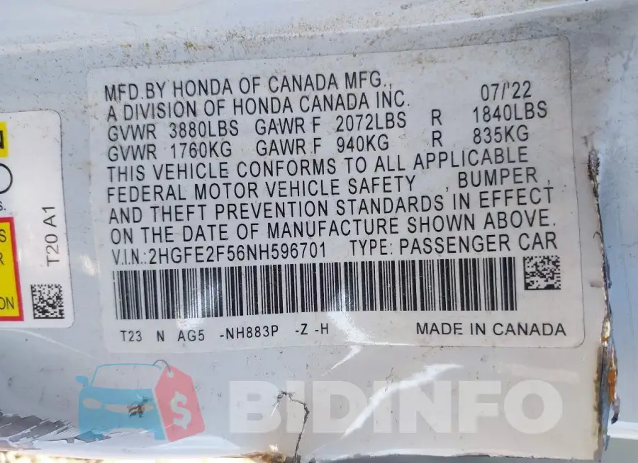 2HGFE2F56NH596701 Photo# 9
