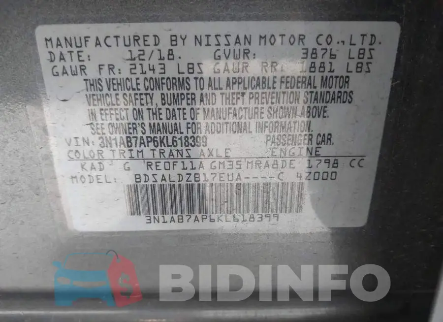 3N1AB7AP6KL618399 Photo# 9