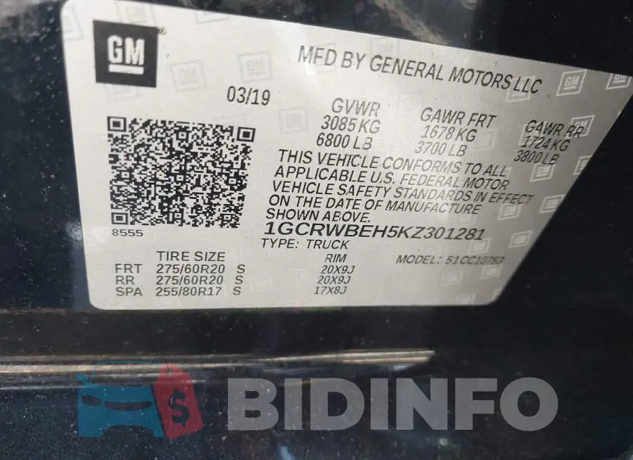 1GCRWBEH5KZ301281 Photo# 9