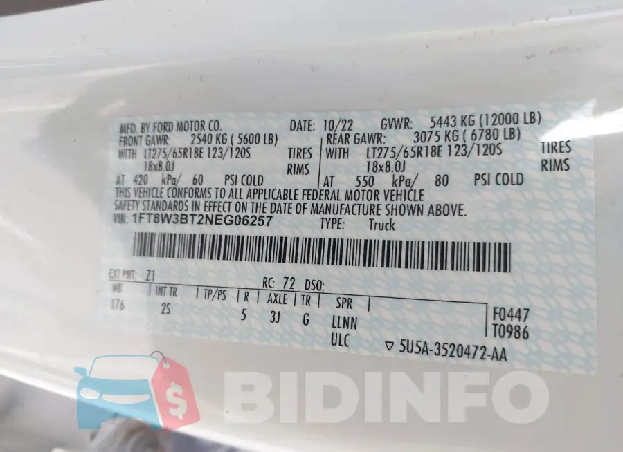 1FT8W3BT2NEG06257 Photo# 9