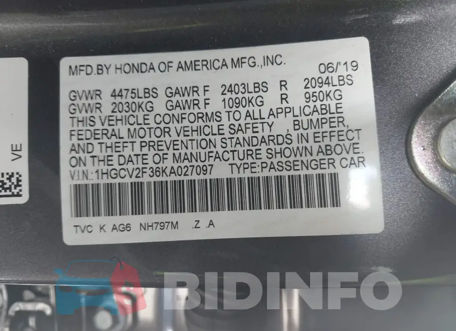 1HGCV2F36KA027097 Photo# 9