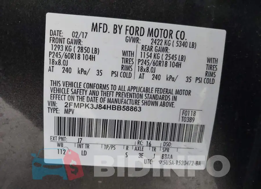 2FMPK3J84HBB58863 Photo# 9
