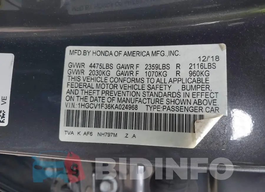 1HGCV1F34KA119027 Photo# 9