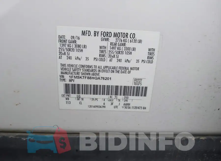 1FM5K7F88HGA76201 Photo# 9