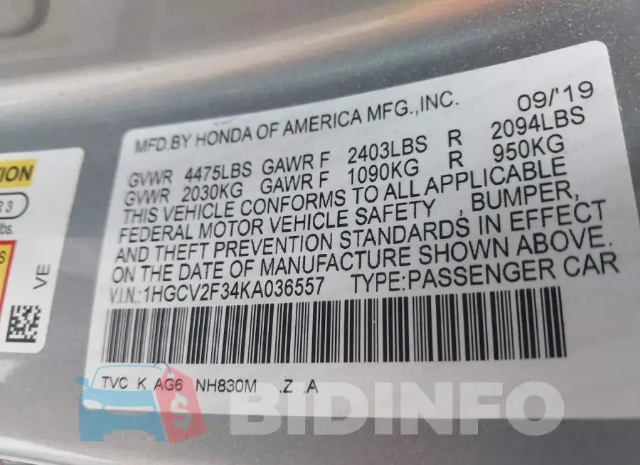 1HGCV2F34KA036557 Photo# 9