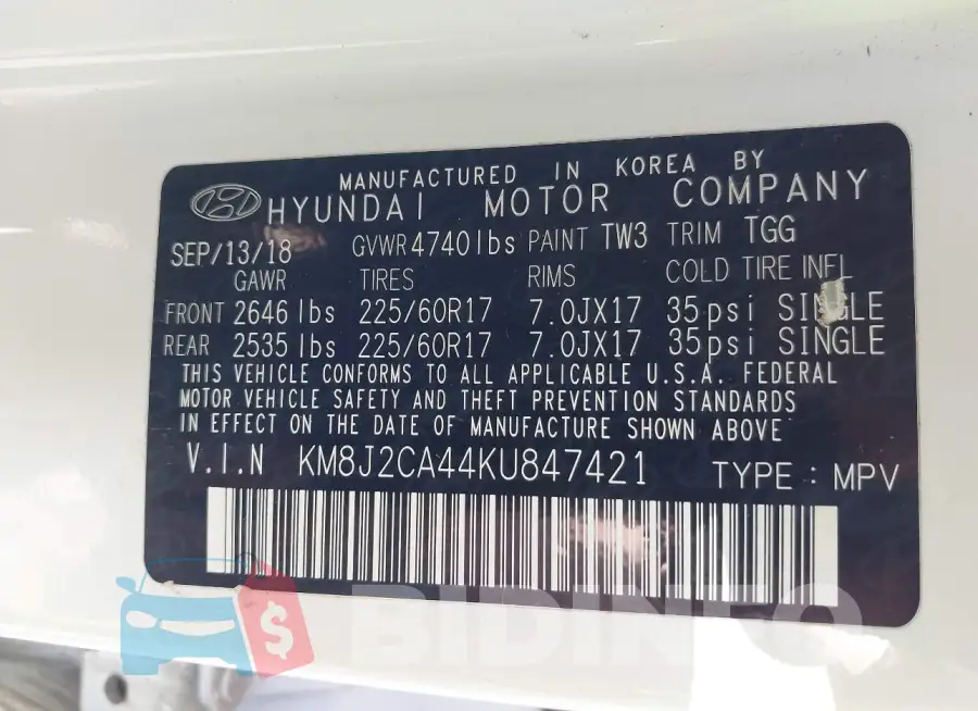 KM8J2CA44KU847421 Photo# 9