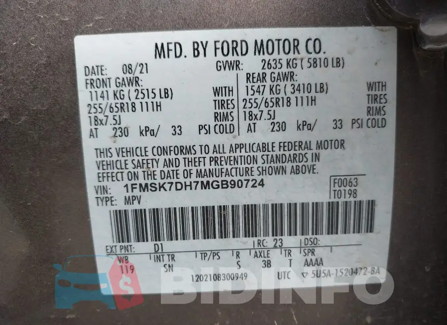 1FMSK7DH7MGB90724 Photo# 9