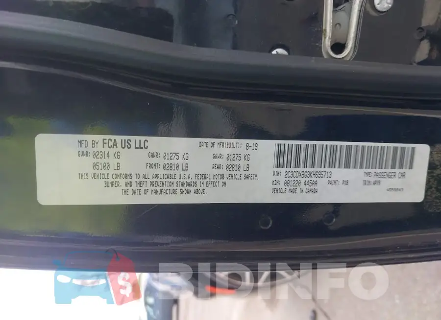 2C3CDXBG3KH695713 Photo# 9