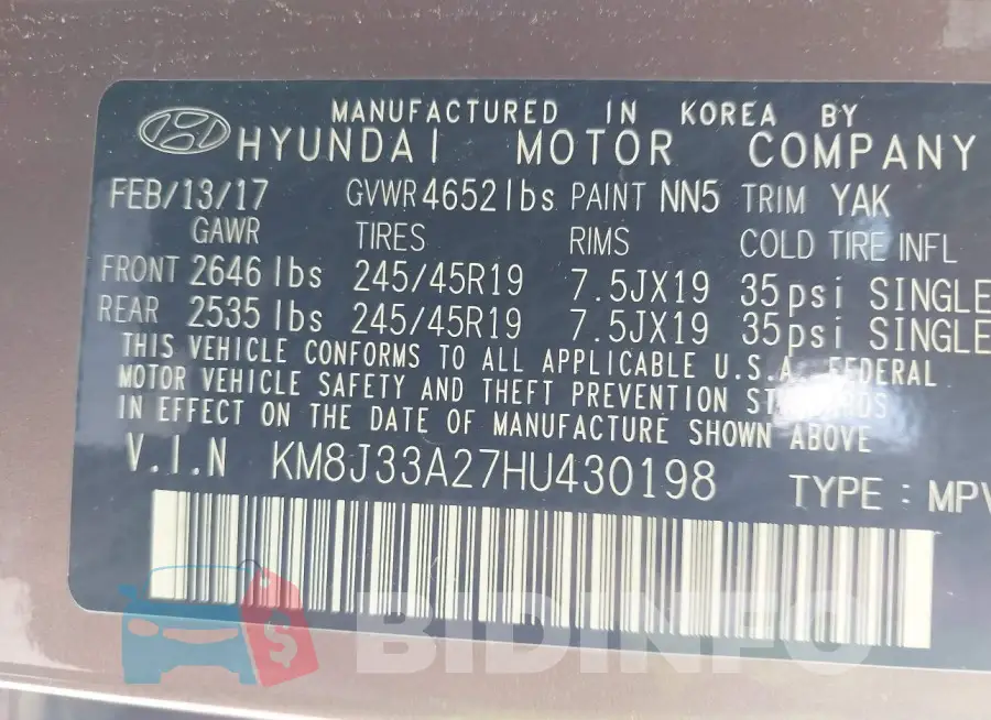 KM8J33A27HU430198 Photo# 9