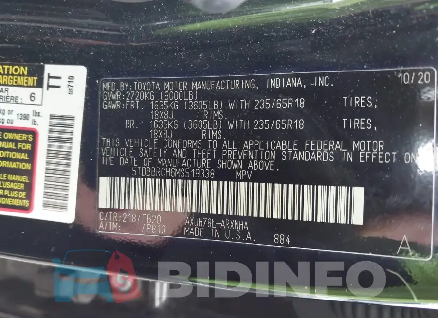 5TDBBRCH6MS519338 Photo# 9