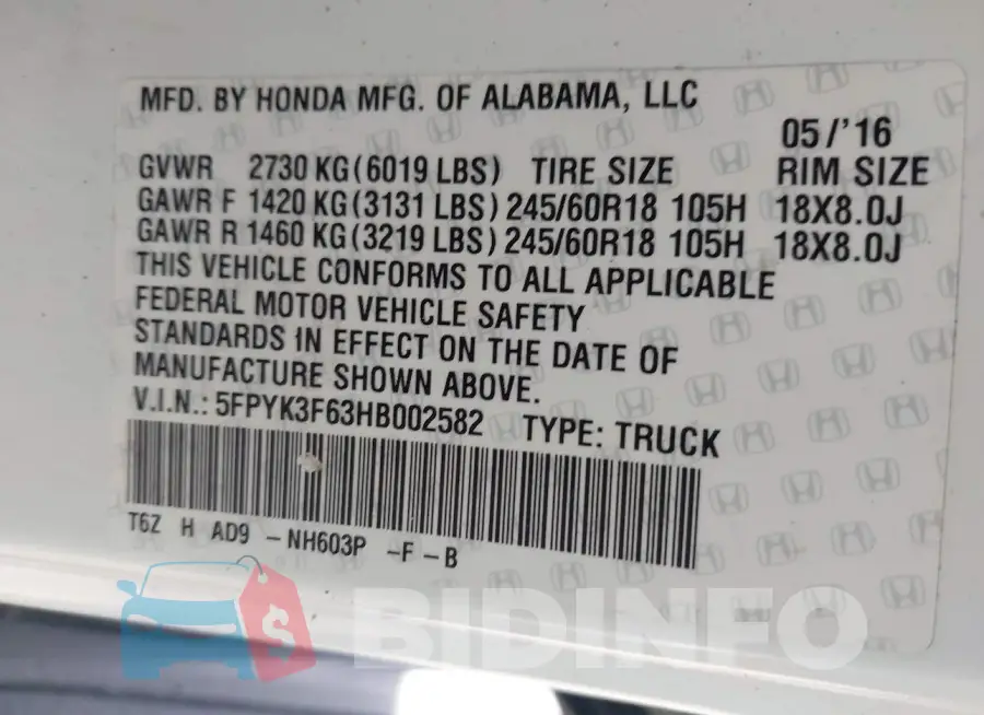 5FPYK3F63HB002582 Photo# 9