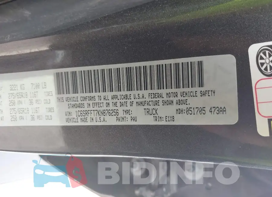 1C6SRFFT7KN876256 Photo# 9