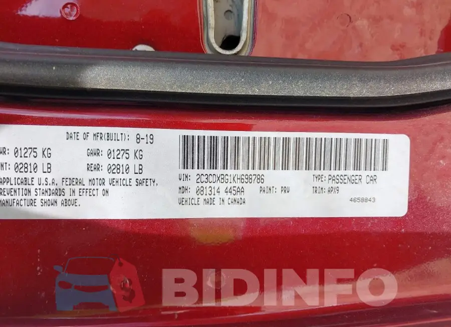 2C3CDXBG1KH698786 Photo# 9