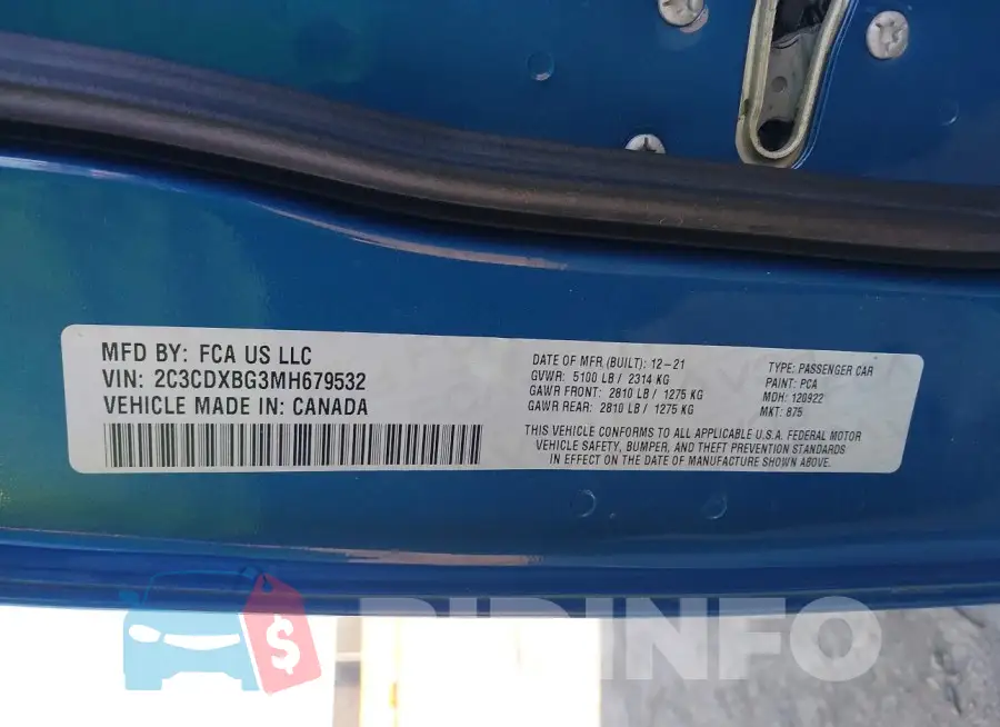 2C3CDXBG3MH679532 Photo# 9