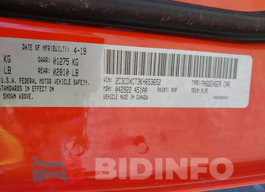 2C3CDXCT3KH653652 Photo# 9
