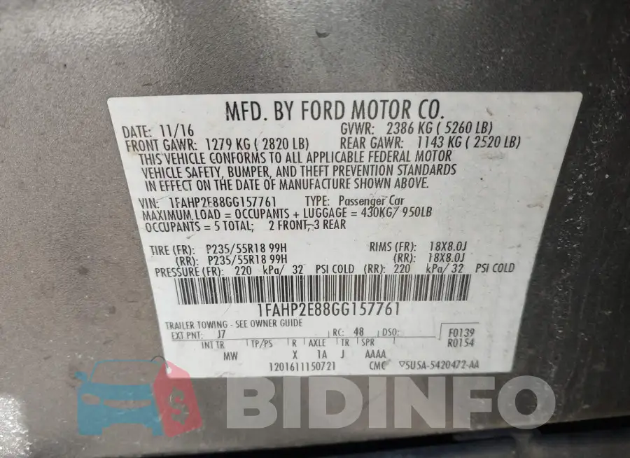 1FAHP2E88GG157761 Photo# 9