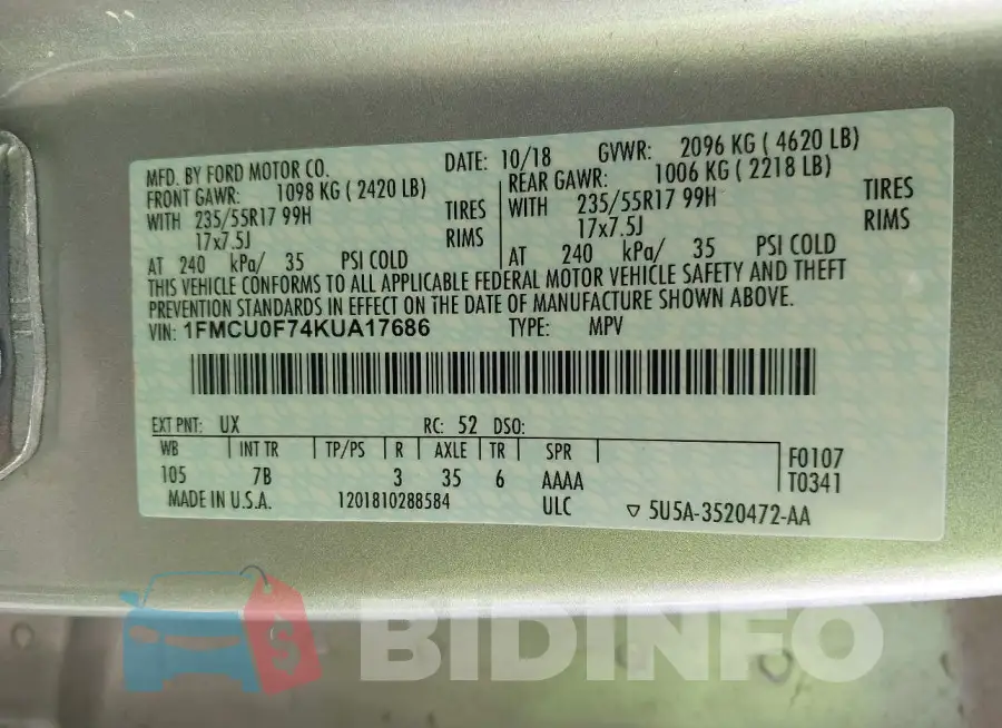 1FMCU0F74KUA17686 Photo# 9