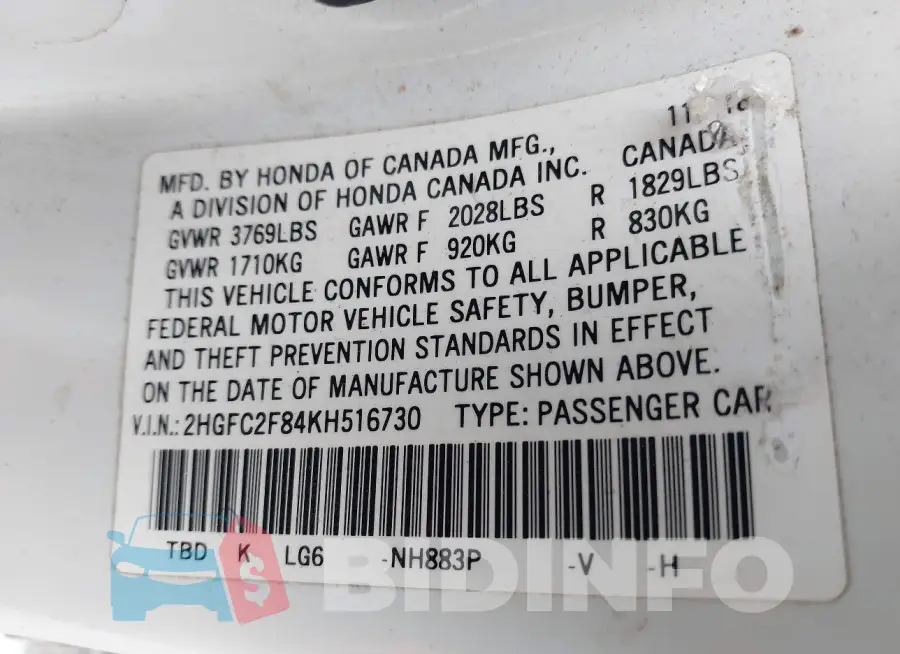 2HGFC2F84KH516730 Photo# 9