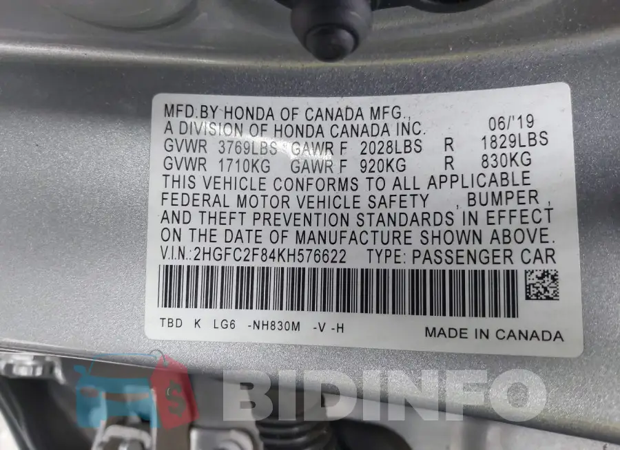 2HGFC2F84KH576622 Photo# 9
