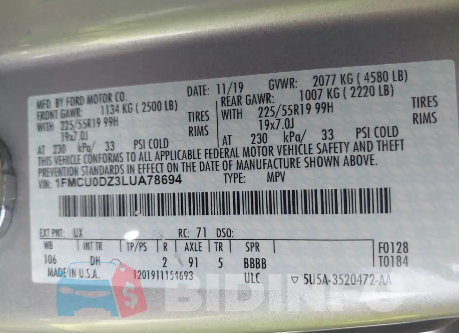 1FMCU0DZ3LUA78694 Photo# 9