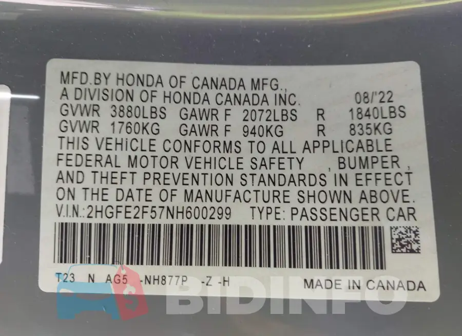 2HGFE2F57NH600299 Photo# 9