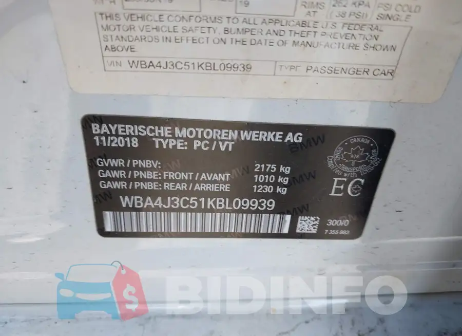 WBA4J3C51KBL09939 Photo# 9