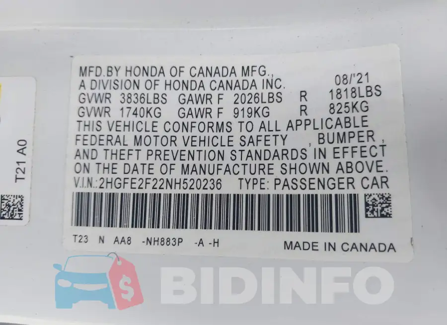 2HGFE2F22NH520236 Photo# 9