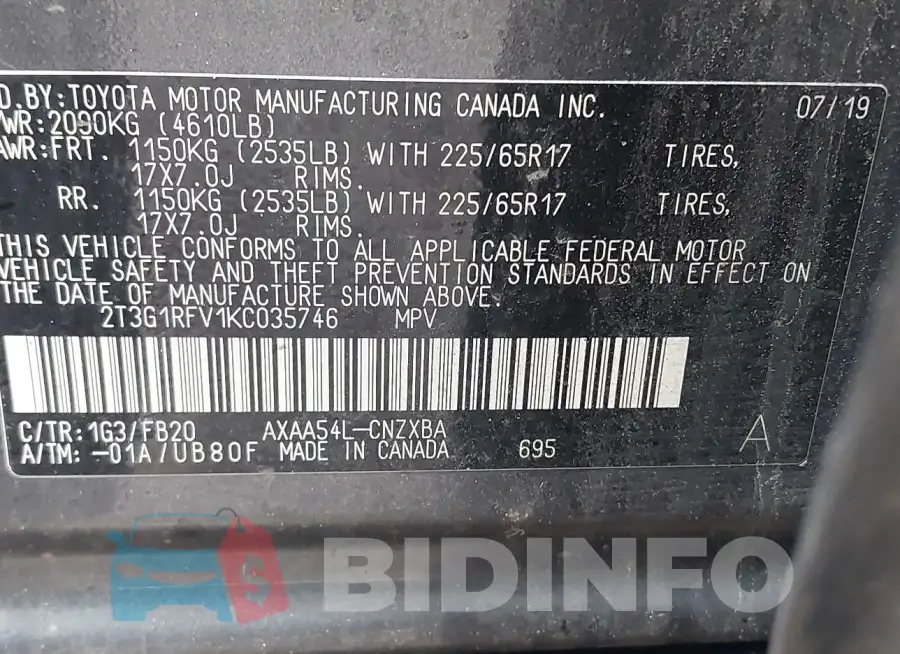 2T3G1RFV1KC035746 Photo# 9