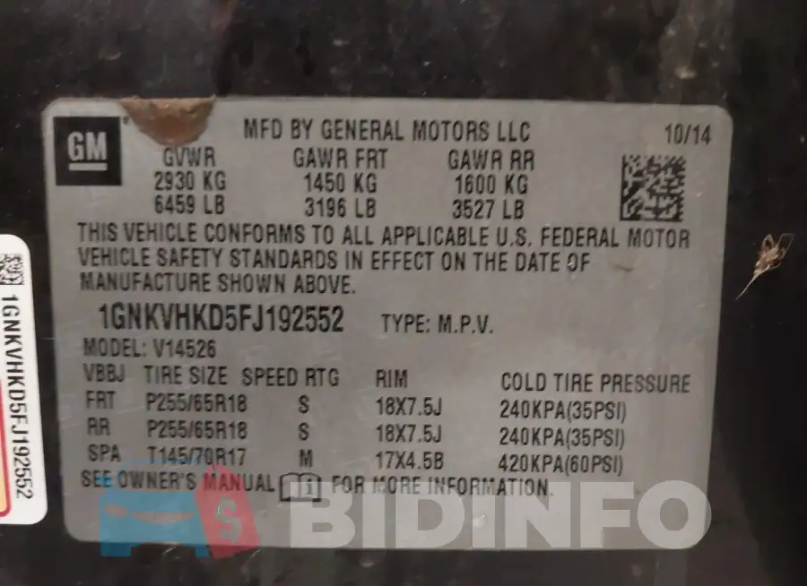 1GNKVHKD5FJ192552 Photo# 9
