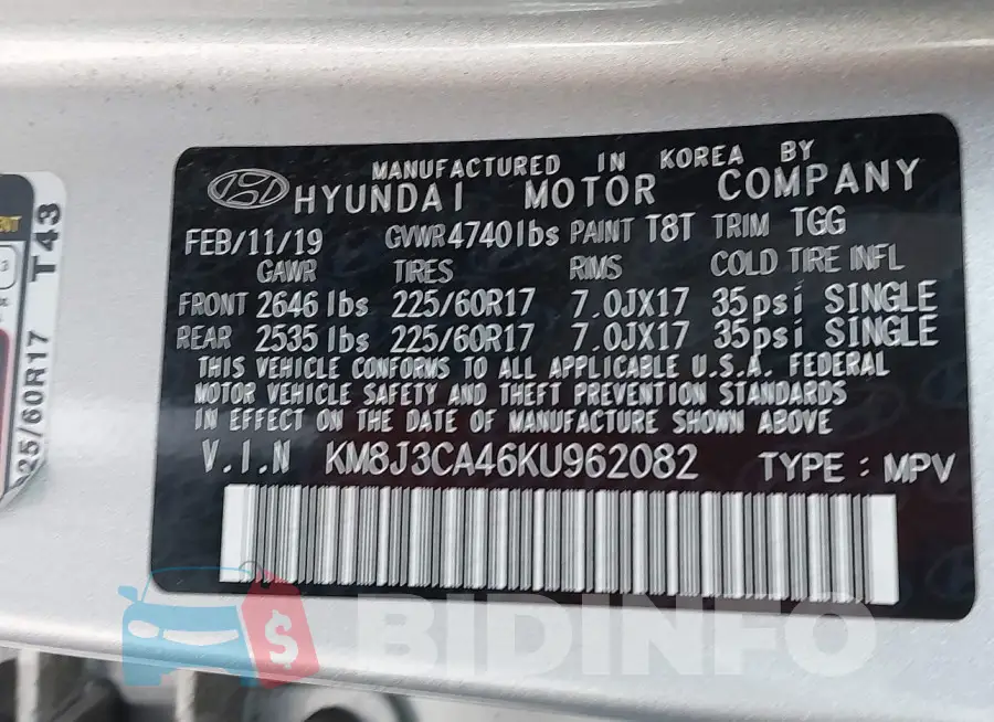 KM8J3CA46KU962082 Photo# 9