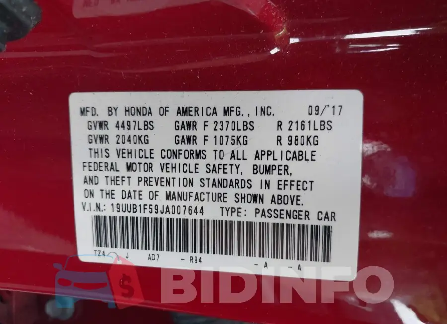19UUB1F59JA007644 Photo# 9