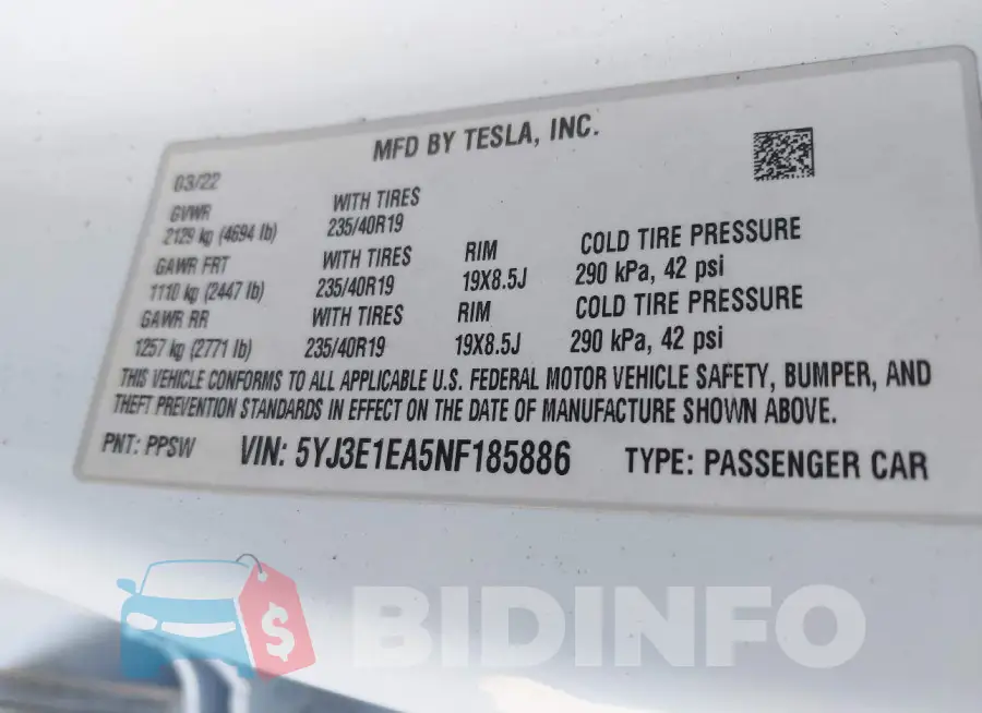 5YJ3E1EA5NF185886 Photo# 9