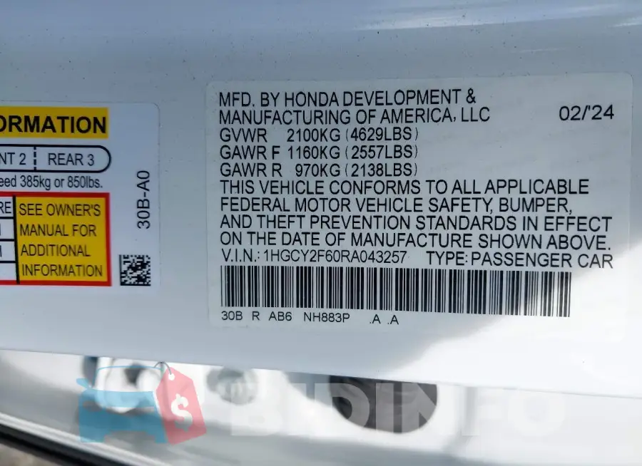1HGCY2F60RA043257 Photo# 9