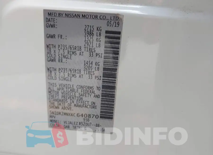 5N1DR2MNXKC640870 Photo# 9