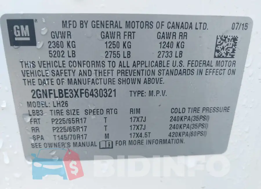 2GNFLBE3XF6430321 Photo# 9