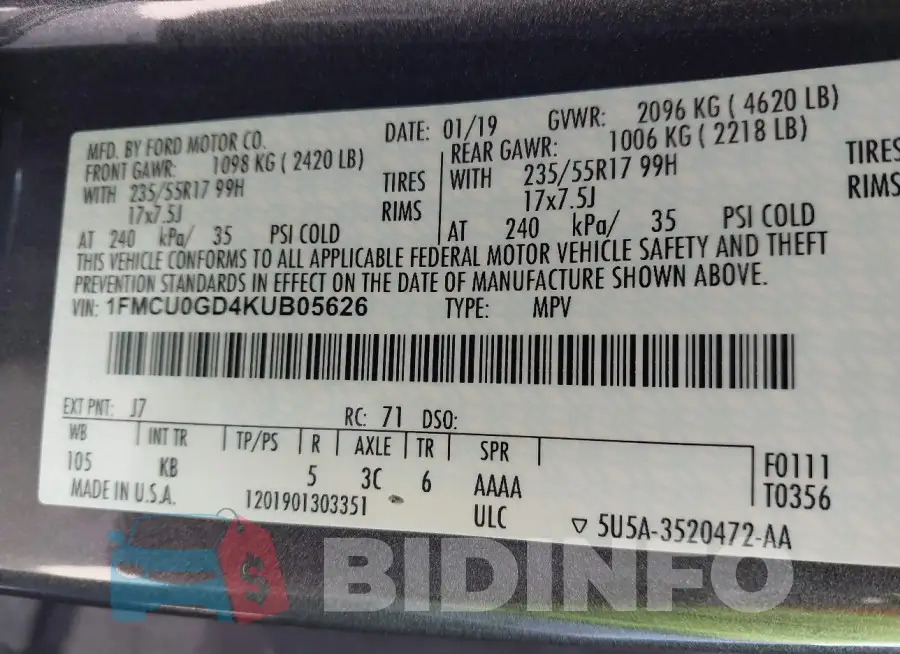 1FMCU0GD4KUB05626 Photo# 9