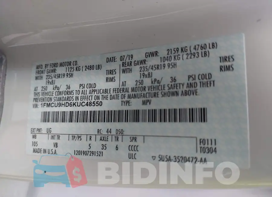 1FMCU9HD6KUC48550 Photo# 9