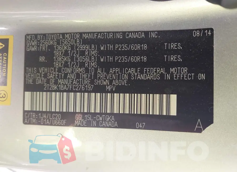 2T2BK1BA7FC276197 Photo# 9