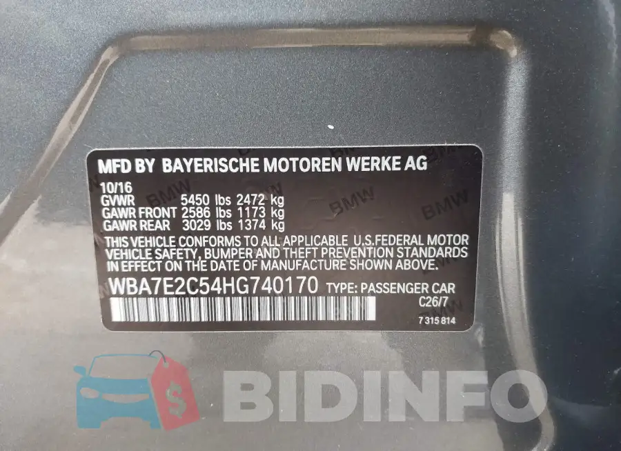WBA7E2C54HG740170 Photo# 9